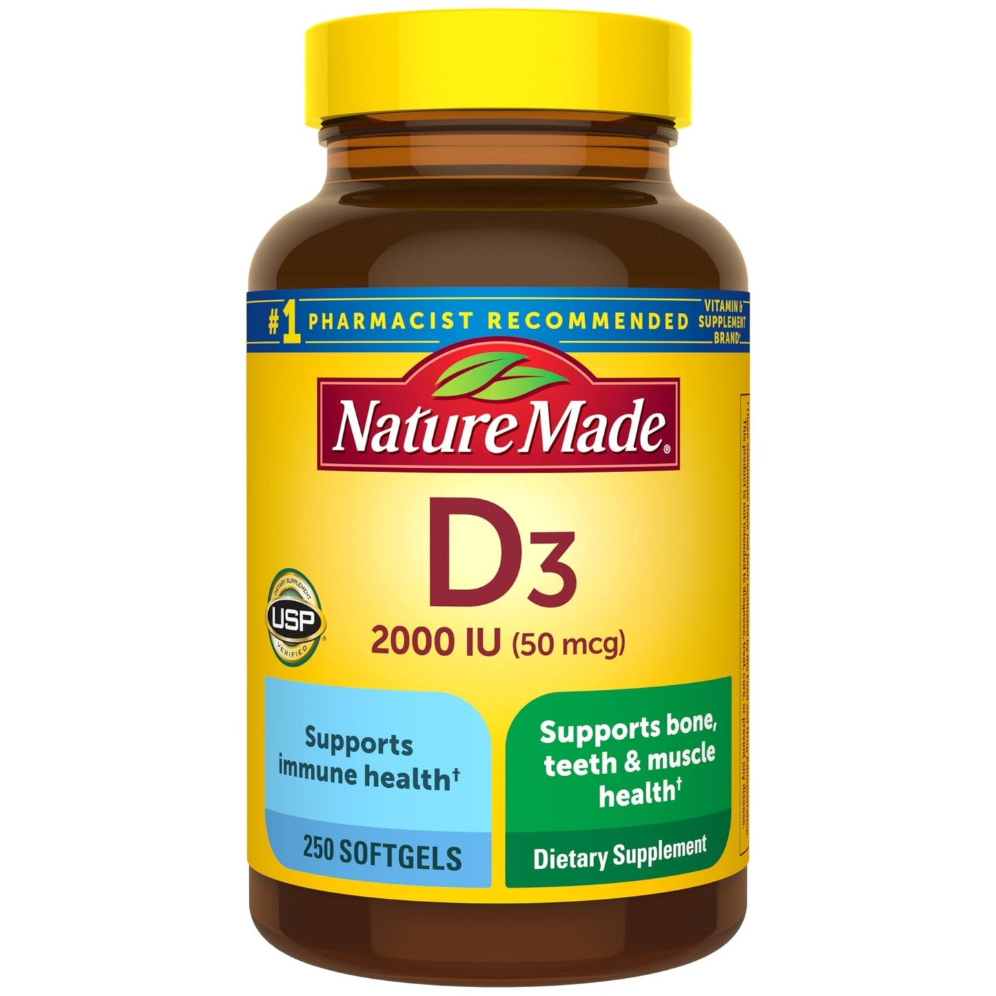 Nature Made Vitamin D3 2000 IU (50 mcg), Vitamin D Supplement for Bone, Teeth, Muscle and Immune Health Support, 250 Softgels, 250 Day Supply - Maple Wellness Supplements