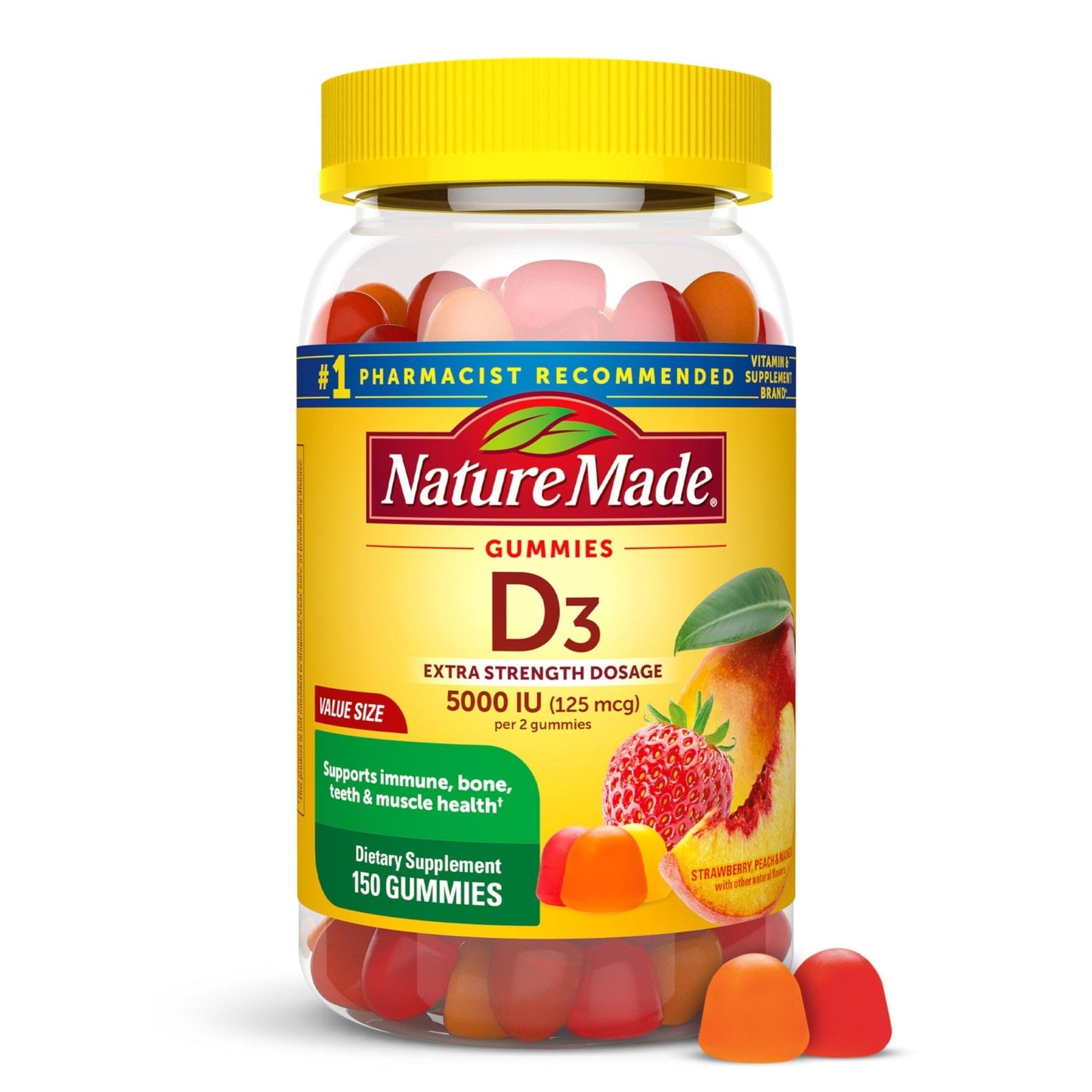 Nature Made Vitamin D3 5000 IU Per Serving Gummies Extra Strength, Bone and Immune Health Support, 150 Vitamin D Gummies for Adults, 75 Day Supply - Maple Wellness Supplements