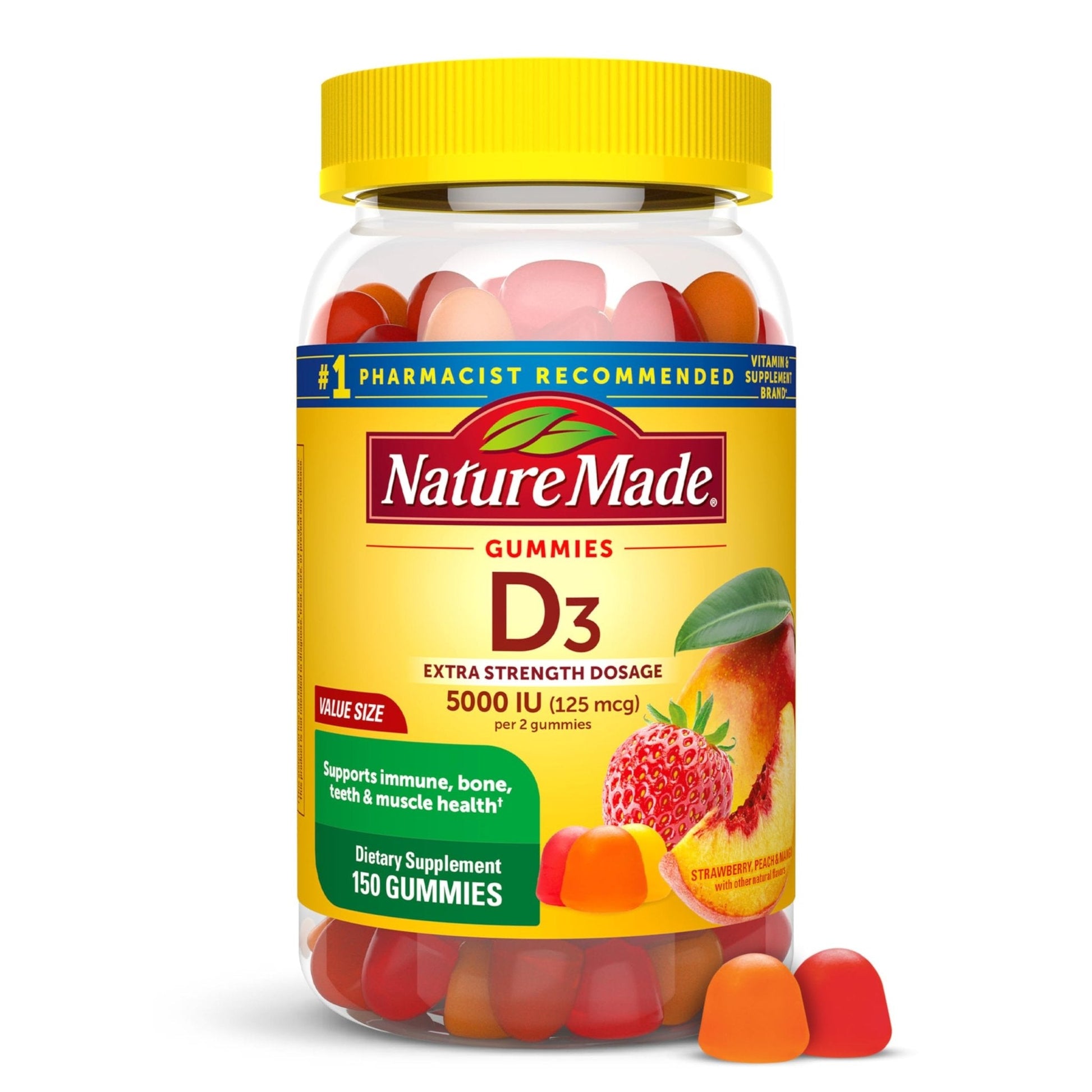 Nature Made Vitamin D3 5000 IU Per Serving Gummies Extra Strength, Bone and Immune Health Support, 150 Vitamin D Gummies for Adults, 75 Day Supply - Maple Wellness Supplements