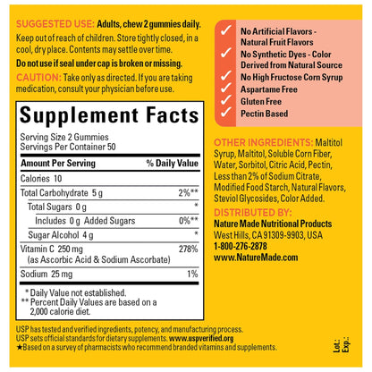 Nature Made Zero Sugar Vitamin C Gummies 250 mg Per Serving, Immune & Antioxidant Support, Aspartame Free - Maple Wellness Supplements