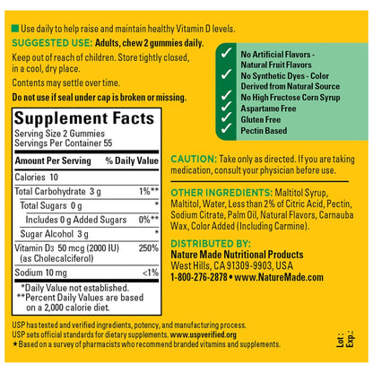 Nature Made Zero Sugar Vitamin D3 Gummies 2000 IU (50 mcg) Per Serving, Bone & Immune Support, Aspartame Free - Maple Wellness Supplements