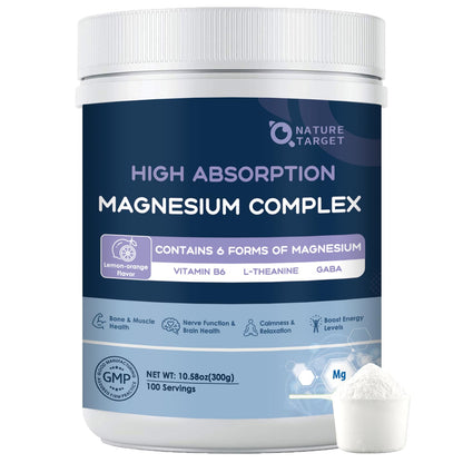 NATURE TARGET Magnesium Powder Supplement with Glycinate, Citrate, Malate, Magnesium Complex with L-Theanine & Vitamin B6 for Muscle, Heart & Brain, Vegan, 10.58 oz (100 Servings), Lemon Orange Flavor - Maple Wellness Supplements