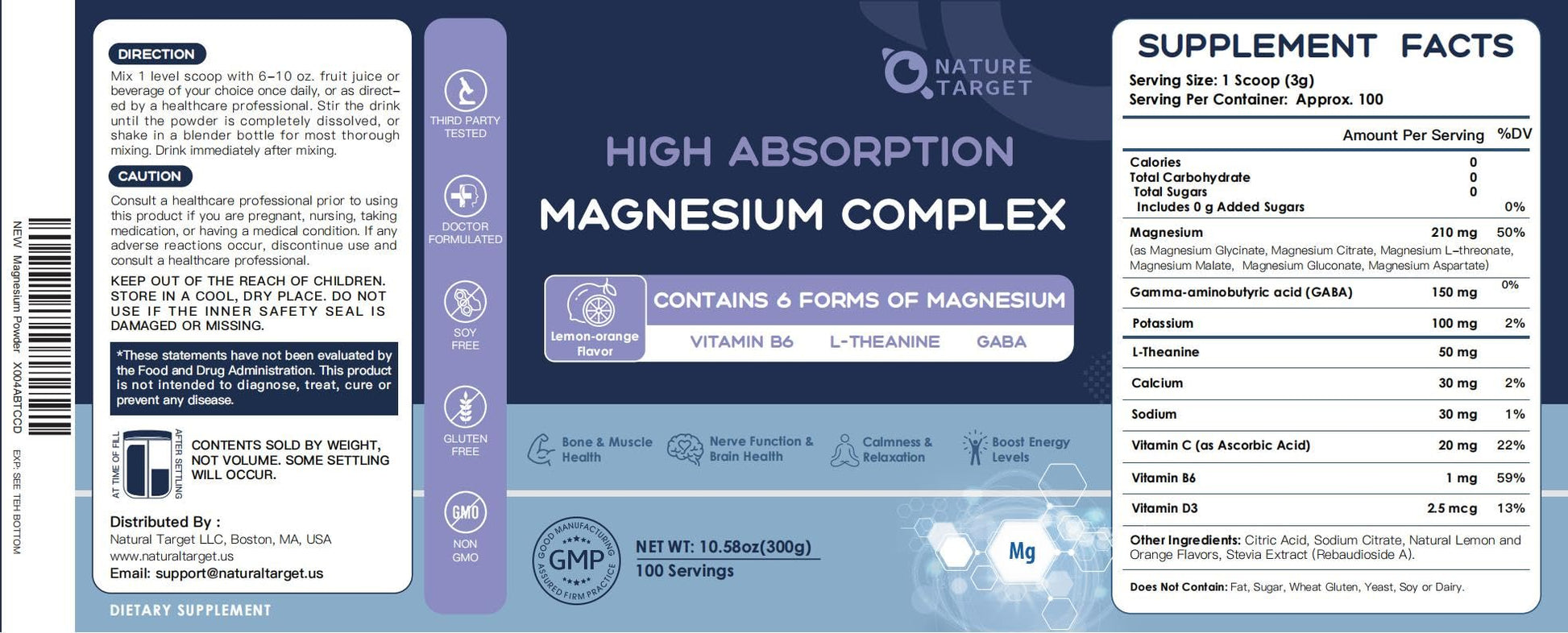NATURE TARGET Magnesium Powder Supplement with Glycinate, Citrate, Malate, Magnesium Complex with L-Theanine & Vitamin B6 for Muscle, Heart & Brain, Vegan, 10.58 oz (100 Servings), Lemon Orange Flavor - Maple Wellness Supplements