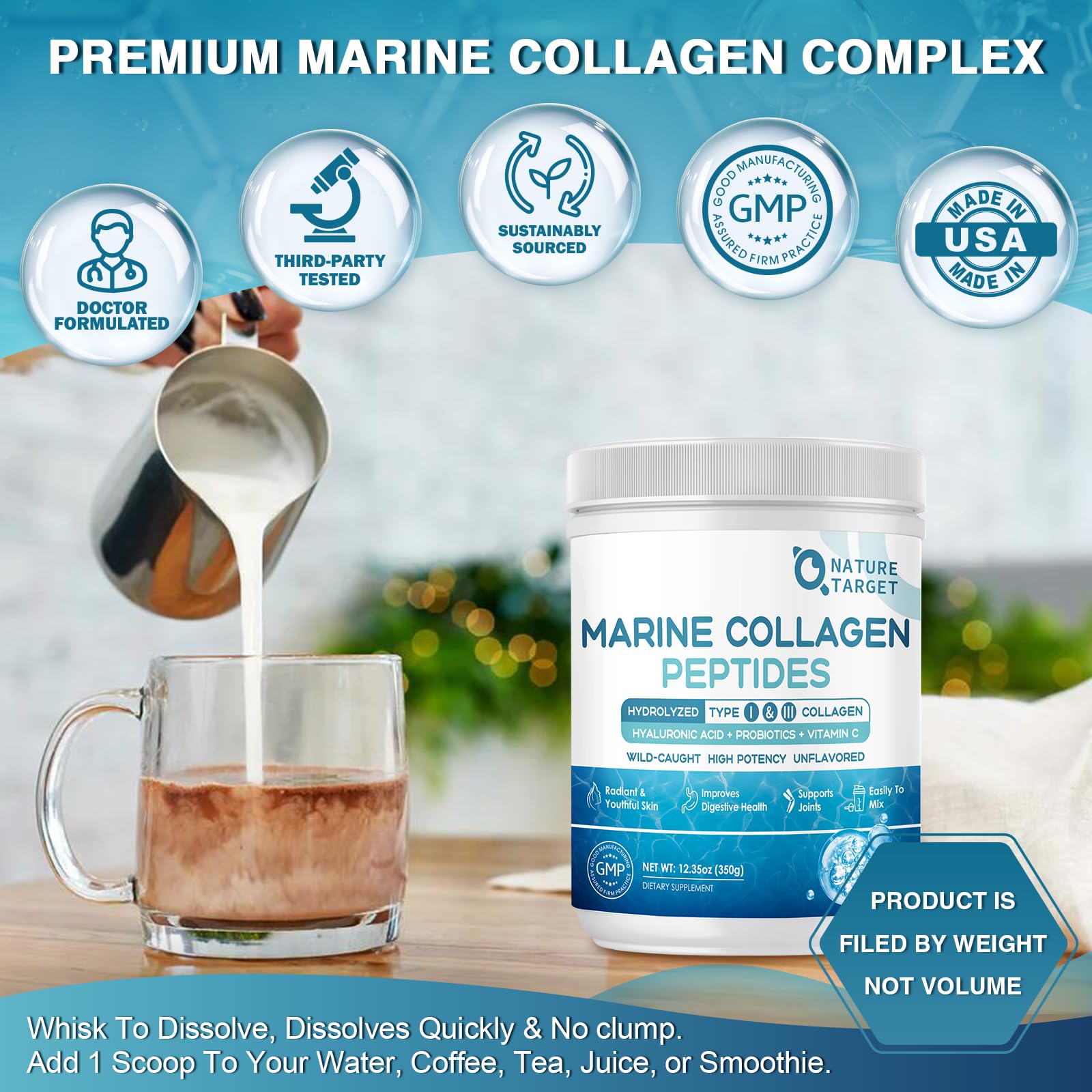NATURE TARGET Marine Collagen Peptides Powder - Type I & III Collagen with Probiotics, Vitamin C & Hyaluronic Acid for Skin, Hair, Nails - Maple Wellness Supplements