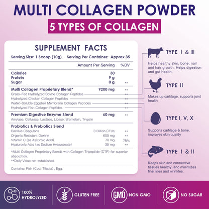 NATURE TARGET Multi Collagen Peptides Powder - Type I, II, III, V, X - Hydrolyzed Collagen Peptides with Vitamin C Hyaluronic Acid, Supports Skin Hair Nail & Joint - Maple Wellness Supplements