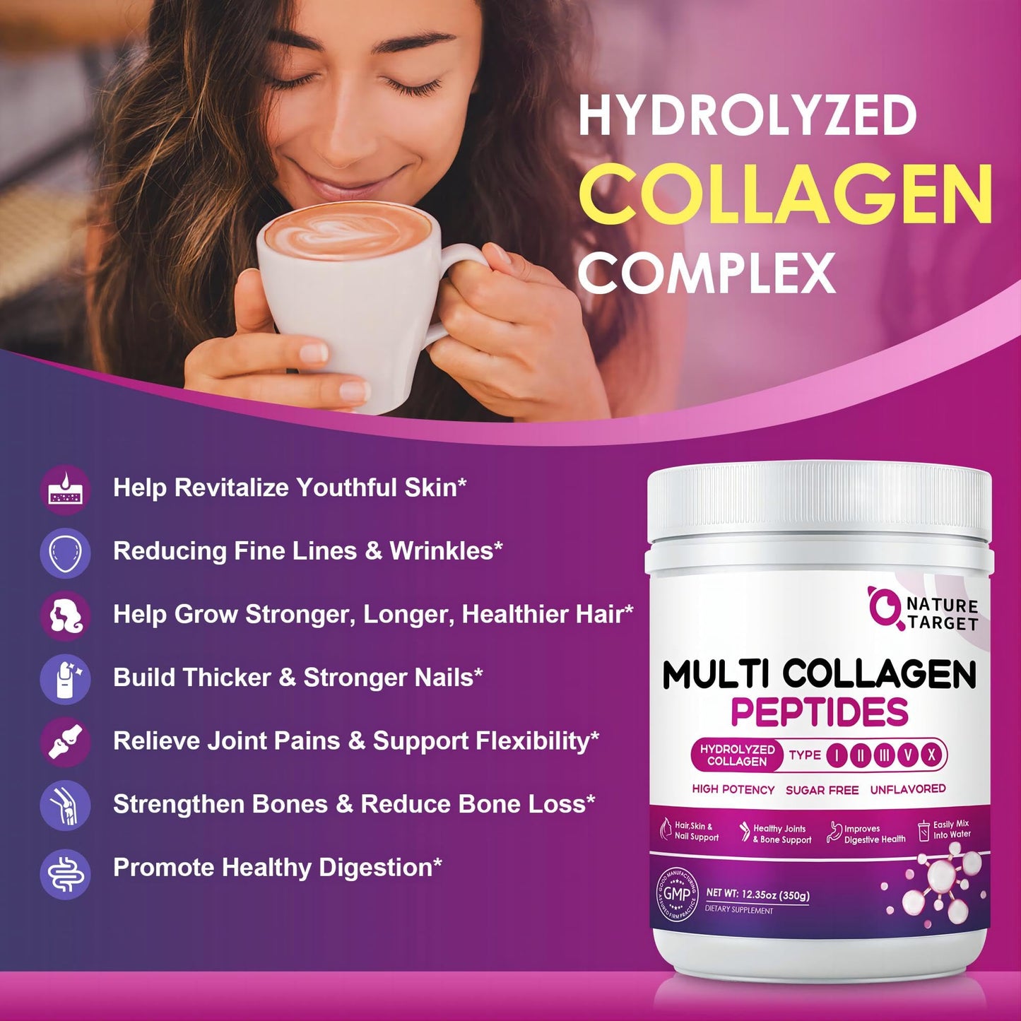 NATURE TARGET Multi Collagen Peptides Powder - Type I, II, III, V, X - Hydrolyzed Collagen Peptides with Vitamin C Hyaluronic Acid, Supports Skin Hair Nail & Joint - Maple Wellness Supplements