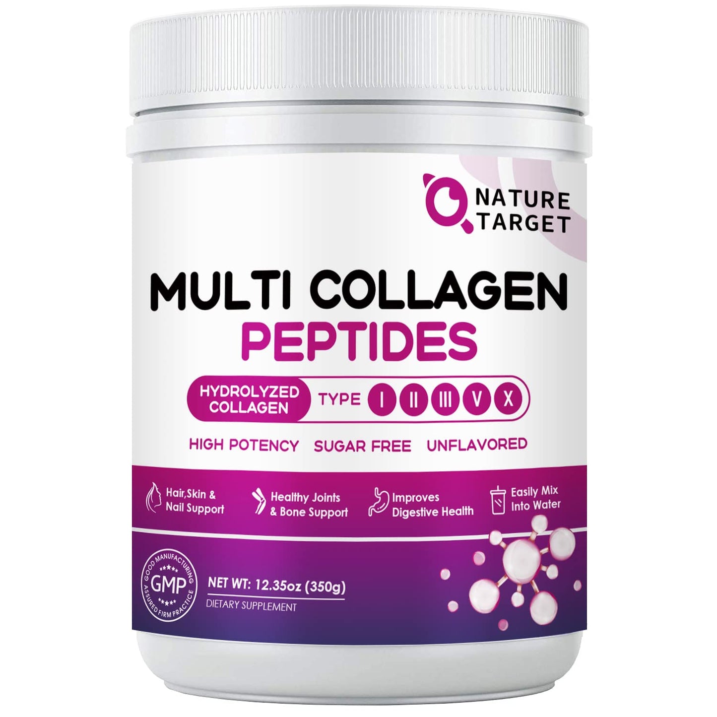 NATURE TARGET Multi Collagen Peptides Powder - Type I, II, III, V, X - Hydrolyzed Collagen Peptides with Vitamin C Hyaluronic Acid, Supports Skin Hair Nail & Joint - Maple Wellness Supplements