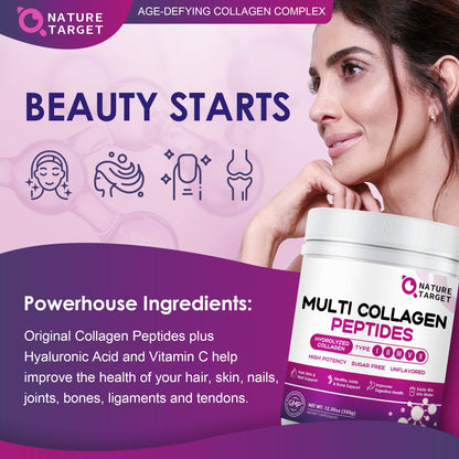 NATURE TARGET Multi Collagen Peptides Powder - Type I, II, III, V, X - Hydrolyzed Collagen Peptides with Vitamin C Hyaluronic Acid, Supports Skin Hair Nail & Joint, Grass-Fed, Non-GMO, 35 Servings - Maple Wellness Supplements