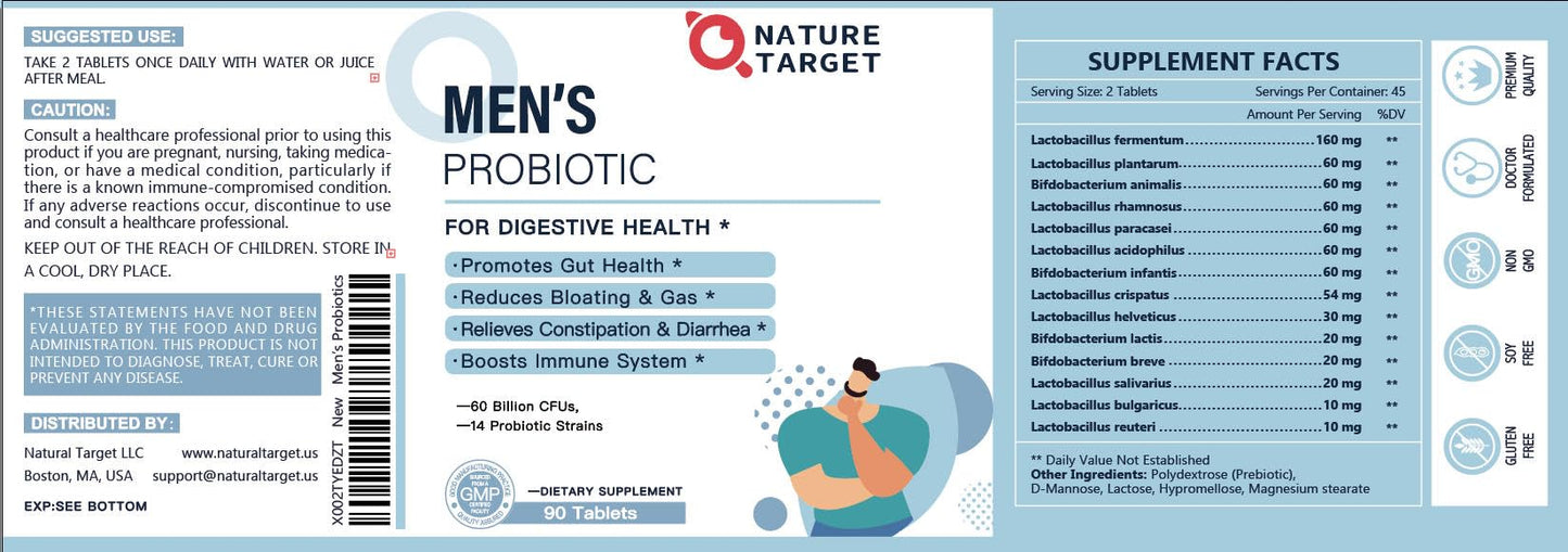 NATURE TARGET Probiotics for Men with Men Care Supplement, Prebiotics & Probiotic for Men's Digestive and Immune Health,60 Billion CFUs & 14 Strains Shelf Stable, - Maple Wellness Supplements