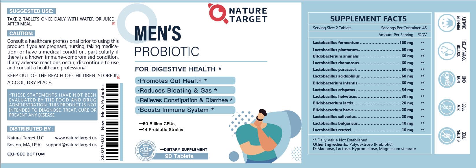 NATURE TARGET Probiotics for Men with Men Care Supplement, Prebiotics & Probiotic for Men's Digestive and Immune Health,60 Billion CFUs & 14 Strains Shelf Stable, - Maple Wellness Supplements