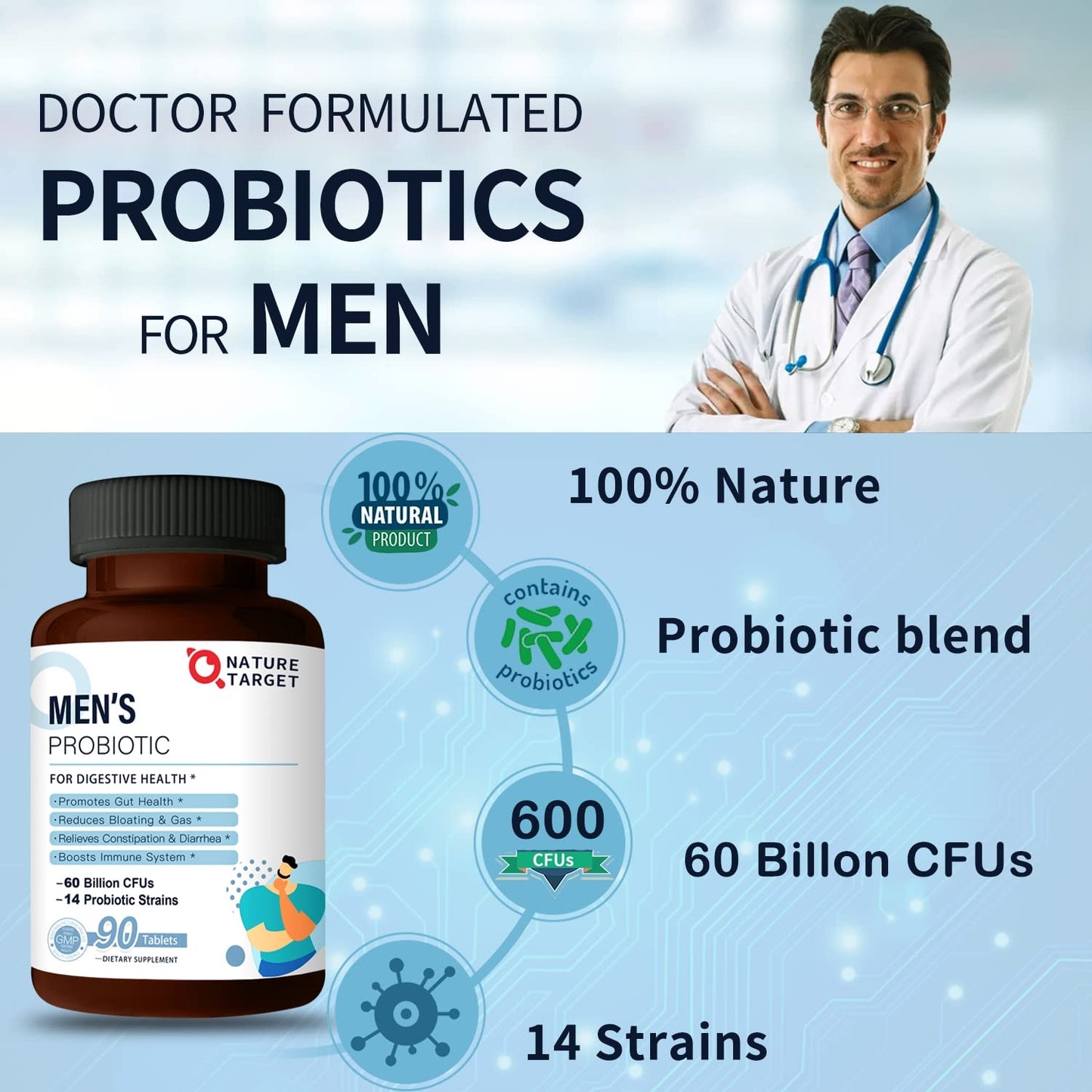 NATURE TARGET Probiotics for Men with Men Care Supplement, Prebiotics & Probiotic for Men's Digestive and Immune Health,60 Billion CFUs & 14 Strains Shelf Stable, - Maple Wellness Supplements