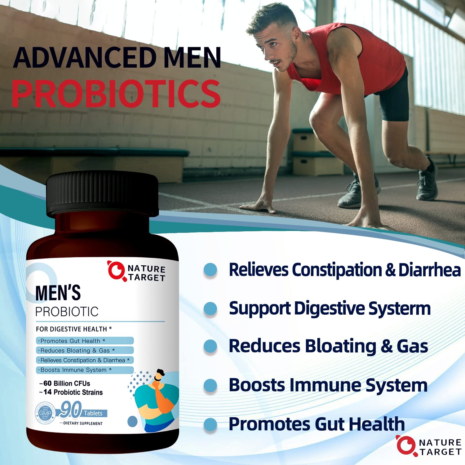NATURE TARGET Probiotics for Men with Men Care Supplement, Prebiotics & Probiotic for Men's Digestive and Immune Health,60 Billion CFUs & 14 Strains Shelf Stable, - Maple Wellness Supplements