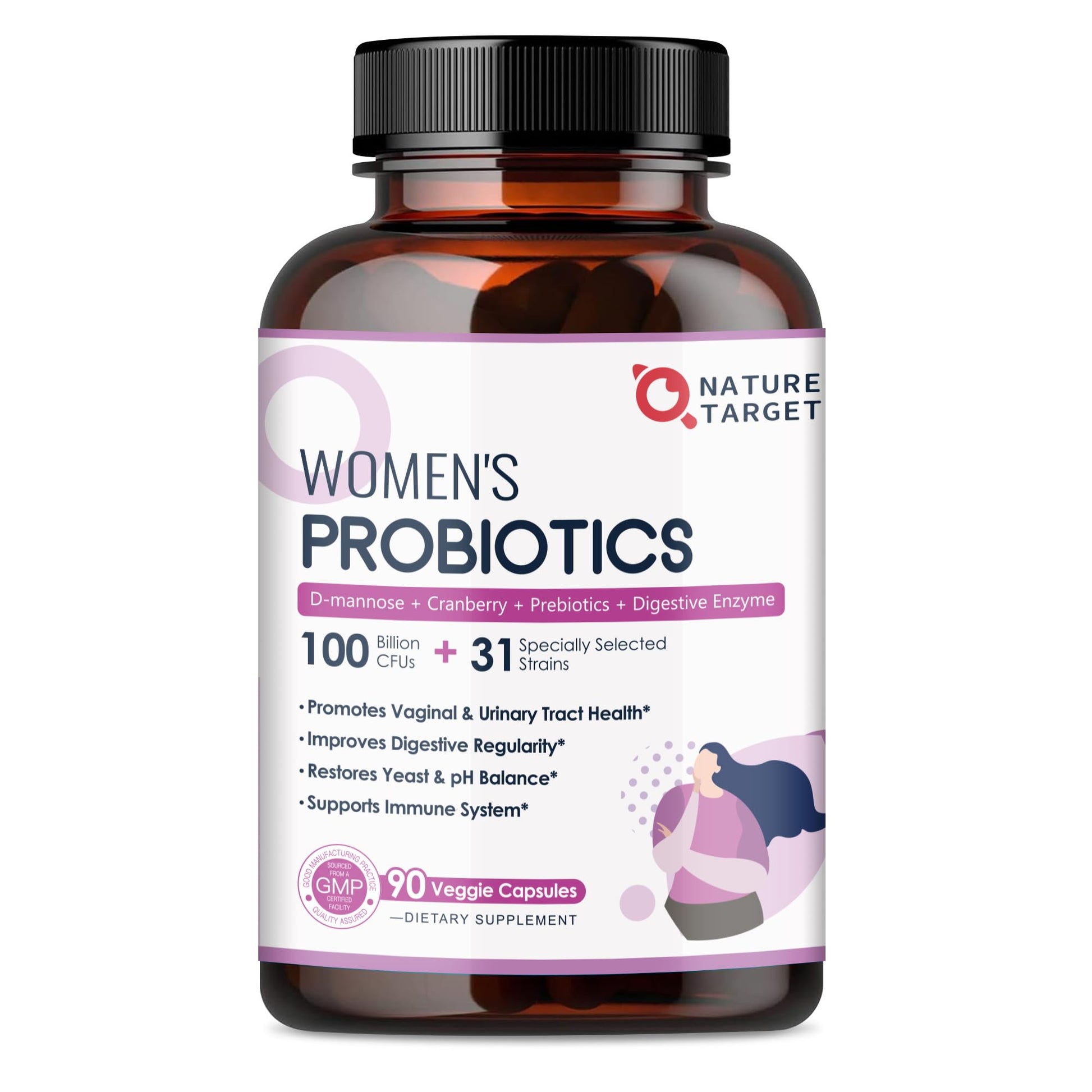 NATURE TARGET Probiotics for Women, 100 Billion CFUs Probiotic with Digestive Enzymes & Prebiotics, Vaginal Probiotics with Cranberry for Urinary Tract Health - Maple Wellness Supplements