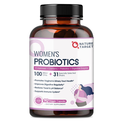 NATURE TARGET Probiotics for Women, 100 Billion CFUs Probiotic with Digestive Enzymes & Prebiotics, Vaginal Probiotics with Cranberry for Urinary Tract Health - Maple Wellness Supplements