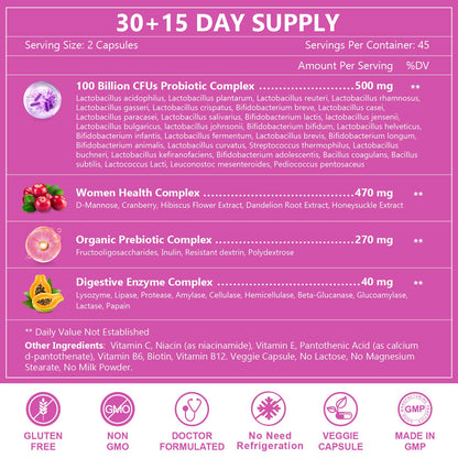 NATURE TARGET Probiotics for Women, 100 Billion CFUs Probiotic with Digestive Enzymes & Prebiotics, Vaginal Probiotics with Cranberry for Urinary Tract Health - Maple Wellness Supplements