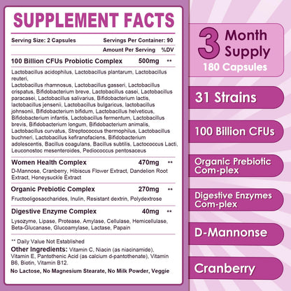 NATURE TARGET Probiotics for Women, 100 Billion CFUs Probiotic with Digestive Enzymes & Prebiotics, Vaginal Probiotics with Cranberry for Urinary Tract Health, - Maple Wellness Supplements