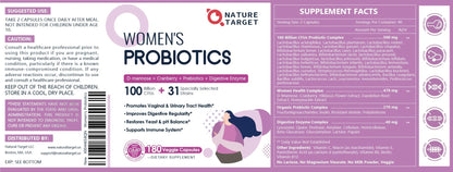 NATURE TARGET Probiotics for Women, 100 Billion CFUs Probiotic with Digestive Enzymes & Prebiotics, Vaginal Probiotics with Cranberry for Urinary Tract Health, - Maple Wellness Supplements