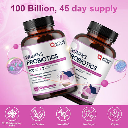 NATURE TARGET Probiotics for Women, 100 Billion CFUs Probiotic with Digestive Enzymes & Prebiotics, Vaginal Probiotics with Cranberry for Urinary Tract Health - Maple Wellness Supplements