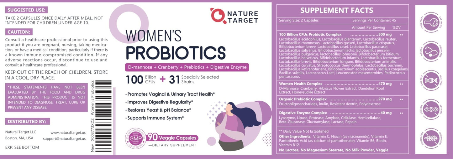 NATURE TARGET Probiotics for Women, 100 Billion CFUs Probiotic with Digestive Enzymes & Prebiotics, Vaginal Probiotics with Cranberry for Urinary Tract Health - Maple Wellness Supplements