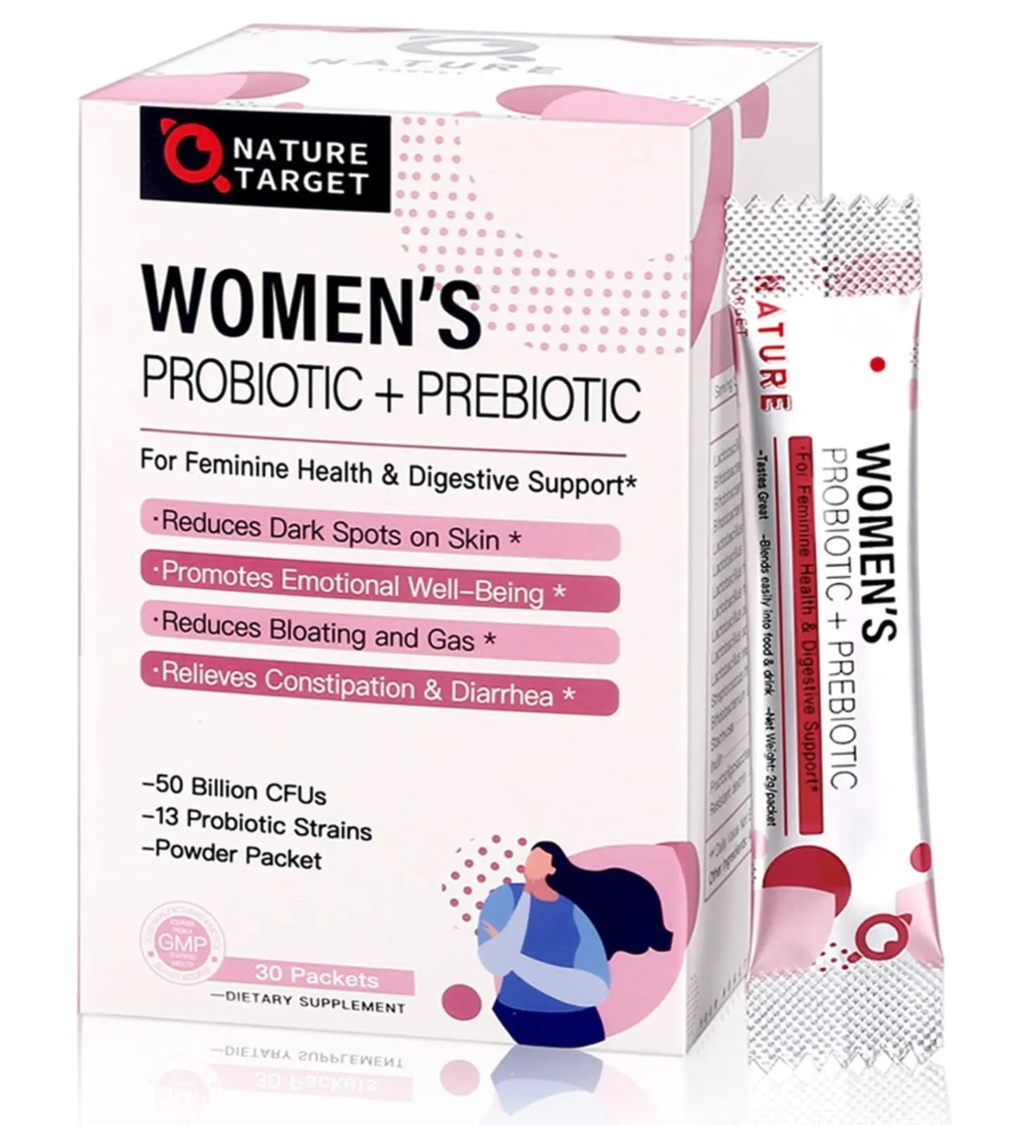 NATURE TARGET Probiotics for Women Probiotic Powder - 50 Billion CFUs, 13 Strains Supports for Digestive Vaginal Health, Bloating Relief, 30 Stick Packs - Maple Wellness Supplements