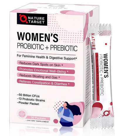 NATURE TARGET Probiotics for Women Probiotic Powder - 50 Billion CFUs, 13 Strains Supports for Digestive Vaginal Health, Bloating Relief, 30 Stick Packs - Maple Wellness Supplements