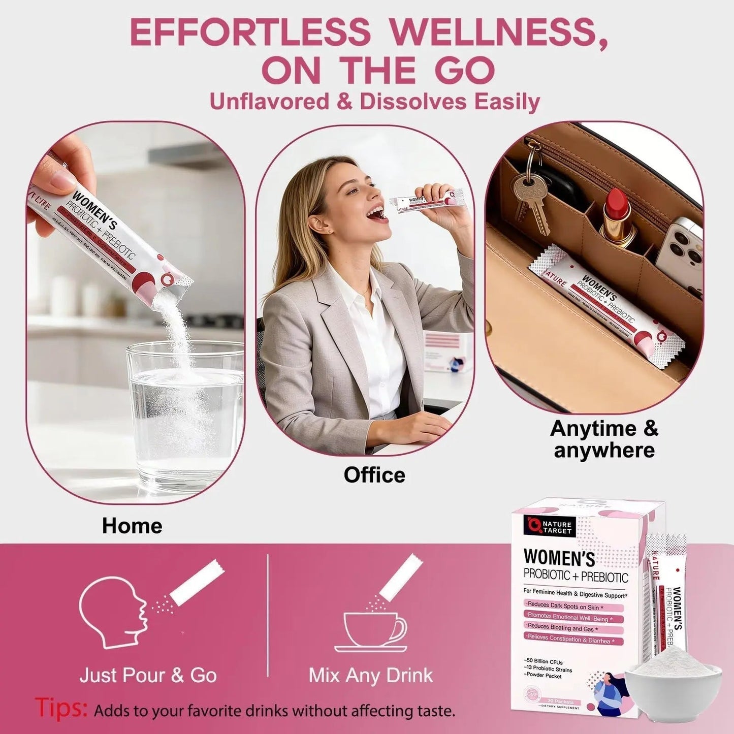NATURE TARGET Probiotics for Women Probiotic Powder - 50 Billion CFUs, 13 Strains Supports for Digestive Vaginal Health, Bloating Relief, 30 Stick Packs - Maple Wellness Supplements