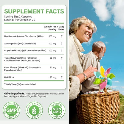 Nature Whisper NAD+ Supplement 620mg | 6-in-1 Complex with Resveratrol, Ashwagandha & Urolithin A - Daily Energy Stack for Focus, Brain Fog & Healthy Aging - 60 Capsules - Maple Wellness Supplements