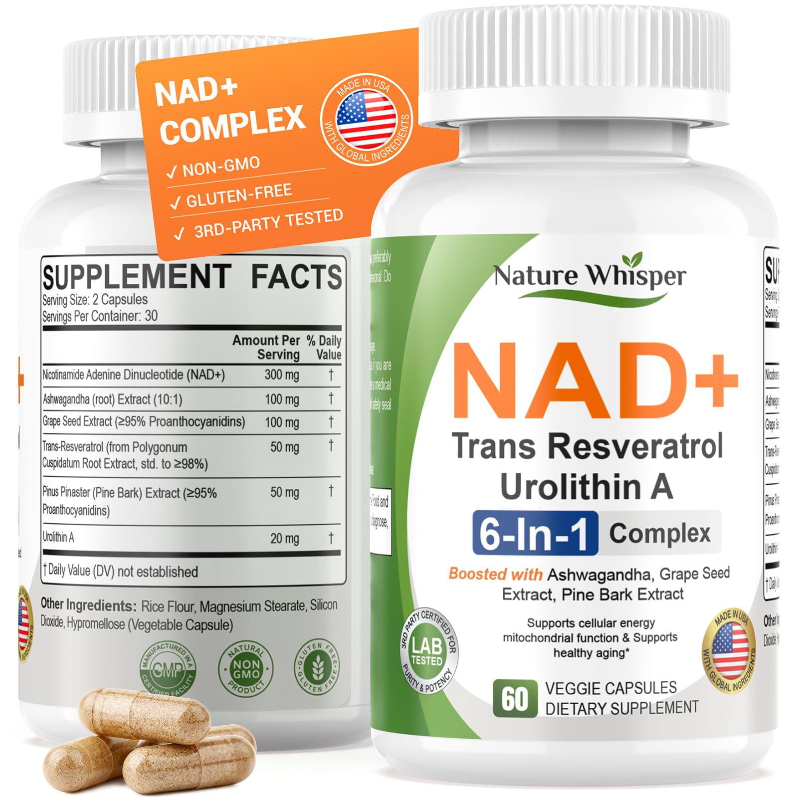 Nature Whisper NAD+ Supplement 620mg | 6-in-1 Complex with Resveratrol, Ashwagandha & Urolithin A - Daily Energy Stack for Focus, Brain Fog & Healthy Aging - 60 Capsules - Maple Wellness Supplements