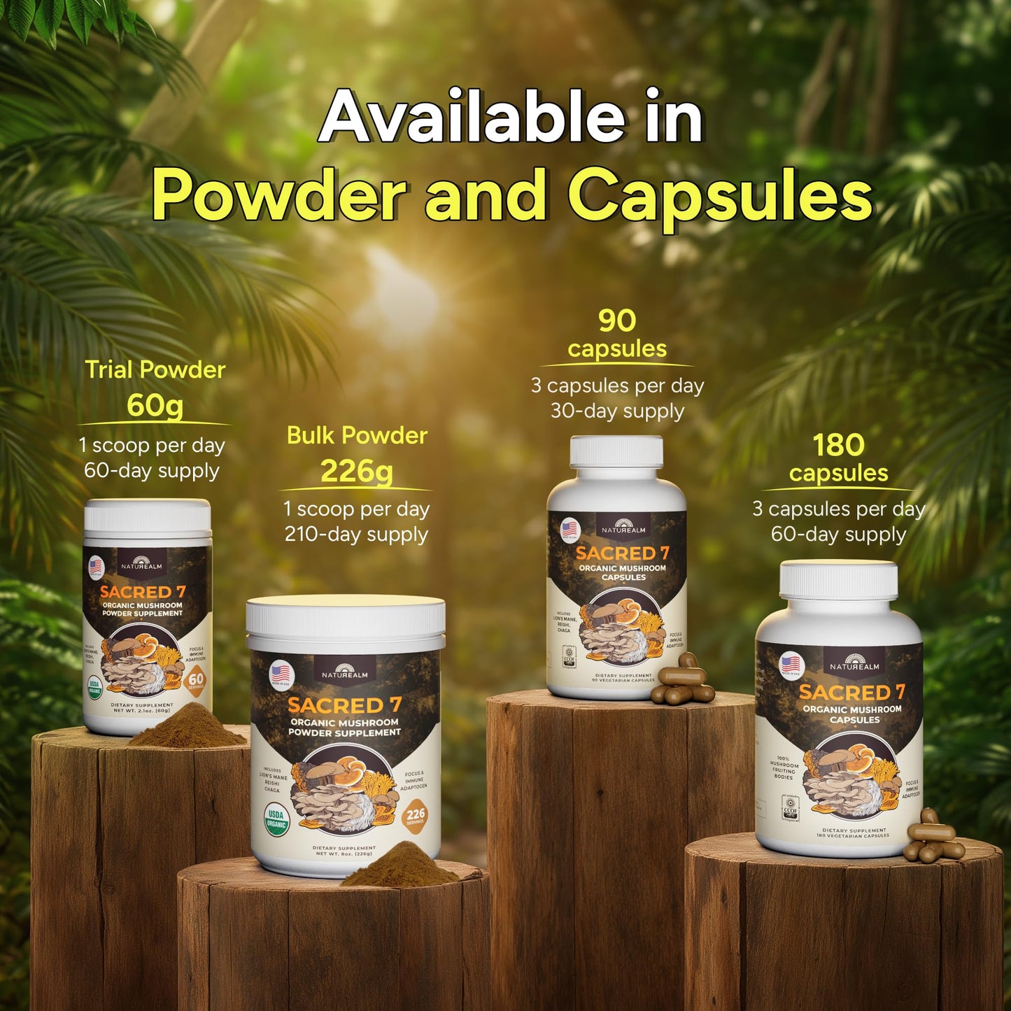 Naturealm Sacred 7 Organic Mushroom Powder Supplement | 7-Month Supply | 7-in-1 Blend with Lions Mane, Reishi, Chaga | Brain & Immune Support - Maple Wellness Supplements