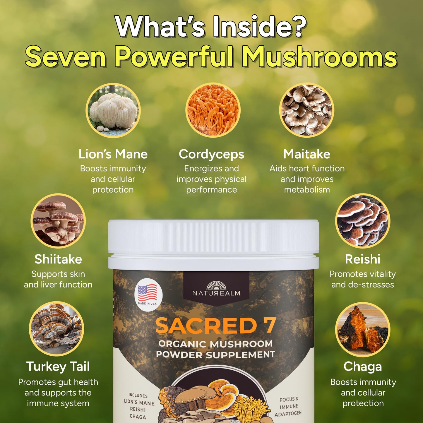 Naturealm Sacred 7 Organic Mushroom Powder Supplement | 7-Month Supply | 7-in-1 Blend with Lions Mane, Reishi, Chaga | Brain & Immune Support - Maple Wellness Supplements