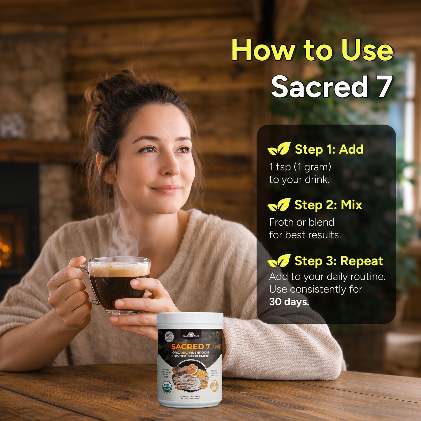 Naturealm Sacred 7 Organic Mushroom Powder Supplement | 7-Month Supply | 7-in-1 Blend with Lions Mane, Reishi, Chaga | Brain & Immune Support - Maple Wellness Supplements