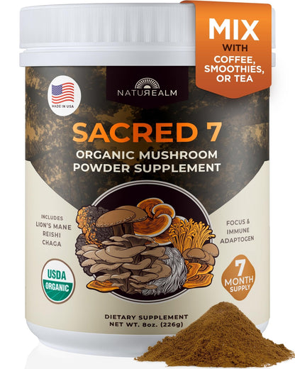 Naturealm Sacred 7 Organic Mushroom Powder Supplement | 7-Month Supply | 7-in-1 Blend with Lions Mane, Reishi, Chaga | Brain & Immune Support - Maple Wellness Supplements