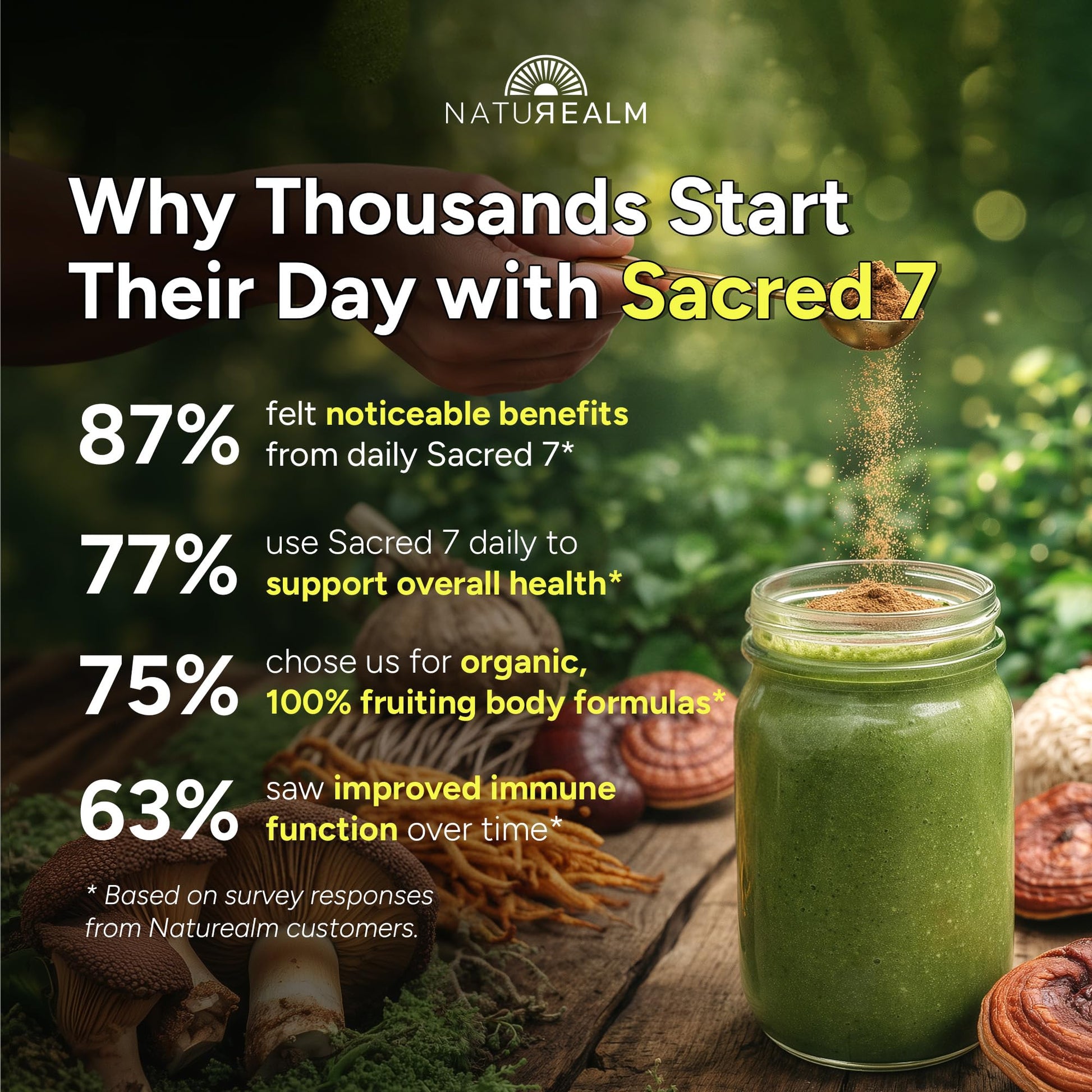 Naturealm Sacred 7 Organic Mushroom Powder Supplement | 7-Month Supply | 7-in-1 Blend with Lions Mane, Reishi, Chaga | Brain & Immune Support - Maple Wellness Supplements