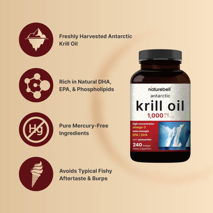 NatureBell Antarctic Krill Oil 1000mg Supplement, 240 Softgels, Natural Source of Omega-3 - Maple Wellness Supplements