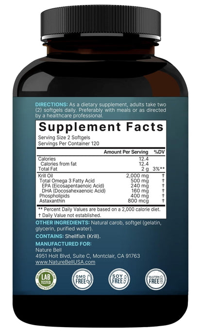 NatureBell Antarctic Krill Oil 2000mg Supplement, 240 Softgels, 3X Strength Natural Source of Omega-3s, EPA 240mg + DHA 160mg + Astaxanthin 800mcg - Maple Wellness Supplements