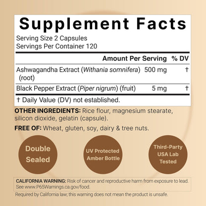 NatureBell Ashwagandha Root with Black Pepper Extract - 240 Capsules - High Strength Adaptogen for Calmness, Relaxation & Immune Support* - Maple Wellness Supplements