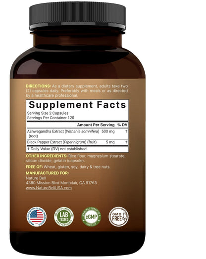 NatureBell Ashwagandha Root with Black Pepper Extract - 240 Capsules - High Strength Adaptogen for Calmness, Relaxation & Immune Support* - Maple Wellness Supplements