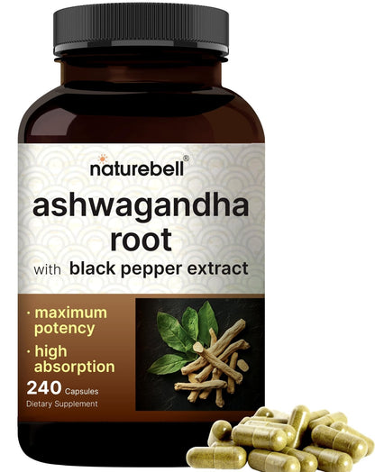 NatureBell Ashwagandha Root with Black Pepper Extract - 240 Capsules - High Strength Adaptogen for Calmness, Relaxation & Immune Support* - Maple Wellness Supplements
