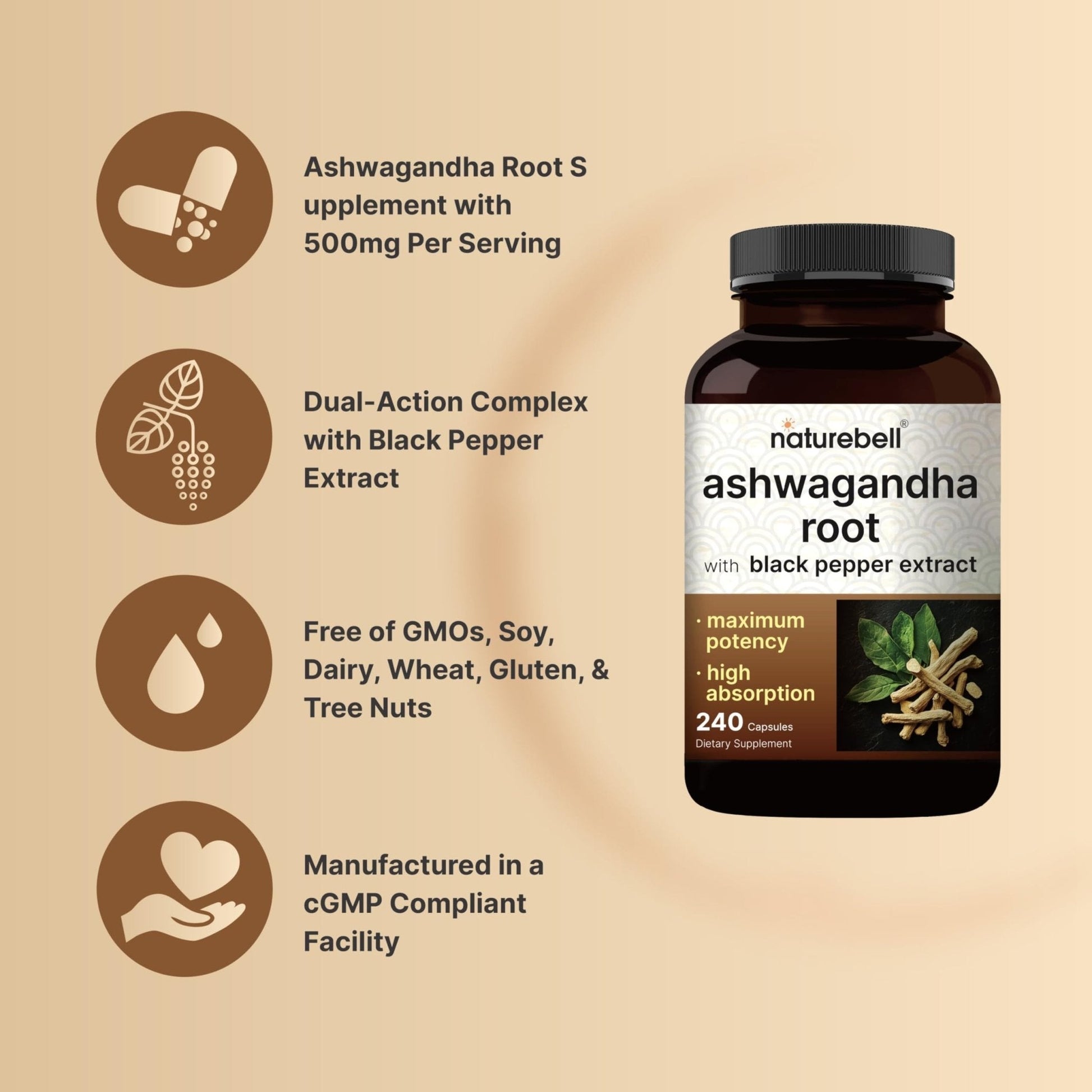 NatureBell Ashwagandha Root with Black Pepper Extract - 240 Capsules - High Strength Adaptogen for Calmness, Relaxation & Immune Support* - Maple Wellness Supplements
