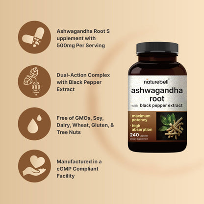 NatureBell Ashwagandha Root with Black Pepper Extract - 240 Capsules - High Strength Adaptogen for Calmness, Relaxation & Immune Support* - Maple Wellness Supplements