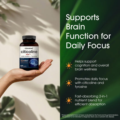 NatureBell Citicoline 500mg - 120 Capsules - Brain Function Support for Adults - Memory & Focus Aid with CDP Choline & Tyrosine - Fast-Absorbing Formula - Maple Wellness Supplements