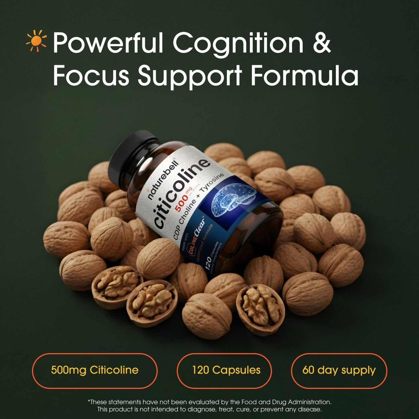 NatureBell Citicoline 500mg - 120 Capsules - Brain Function Support for Adults - Memory & Focus Aid with CDP Choline & Tyrosine - Fast-Absorbing Formula - Maple Wellness Supplements