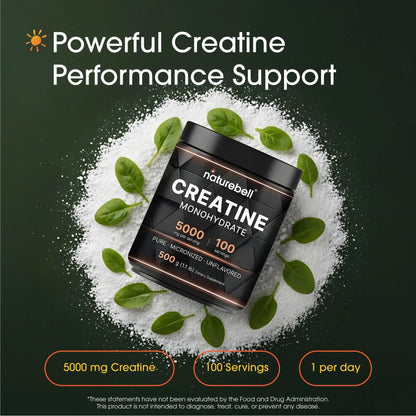 NatureBell Creatine Monohydrate Powder - 500g - Micronized Powder - Delivers 5,000mg Creatine Per Serving - Pre-Workout or Post-Workout Support* - Maple Wellness Supplements