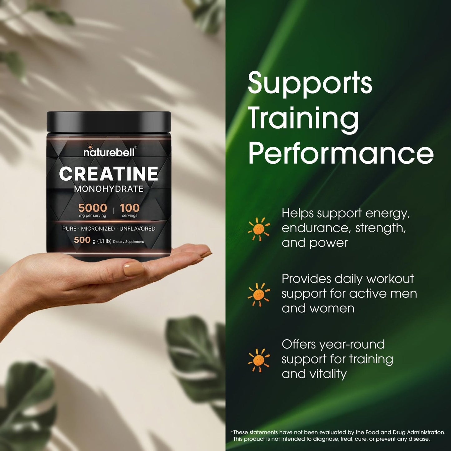 NatureBell Creatine Monohydrate Powder - 500g - Micronized Powder - Delivers 5,000mg Creatine Per Serving - Pre-Workout or Post-Workout Support* - Maple Wellness Supplements