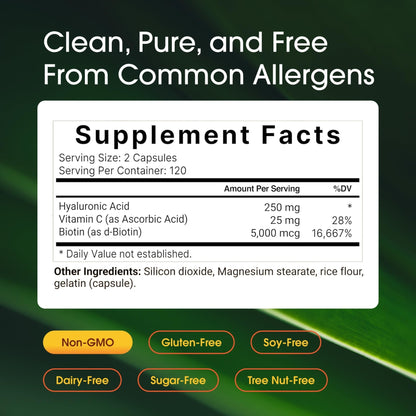 NatureBell Hyaluronic Acid 250mg - 240 Capsules - 250mg Hyaluronic Acid, 5000mcg Biotin & 25 mg Vitamin C - Supports Skin - Maple Wellness Supplements