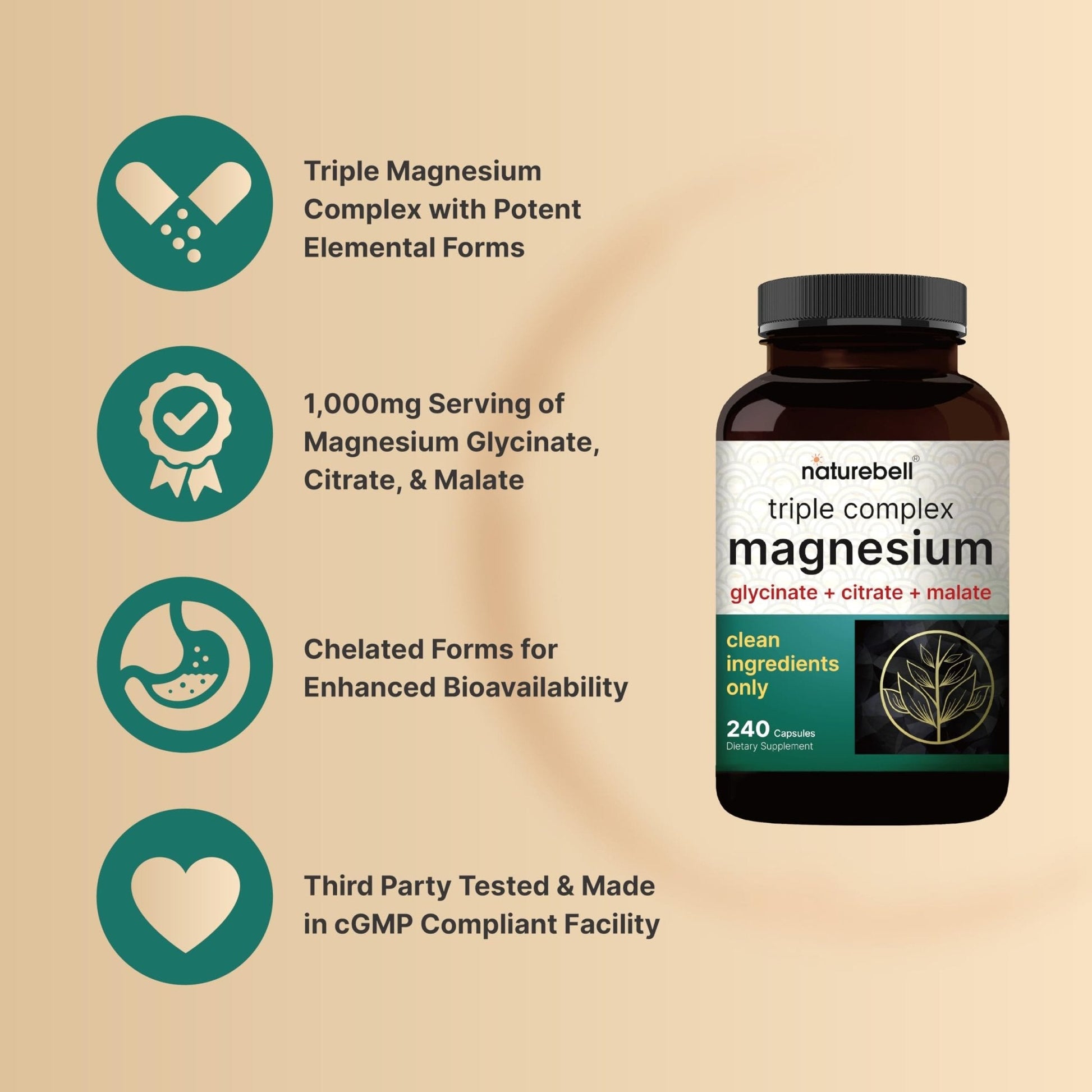 NatureBell Magnesium Complex for Women & Men 1,000mg Per Serving – 240 Capsules – Triple Magnesium Complex with Glycinate, Citrate & Malate – Chelated & Purified – Non‑GMO, Filler Free - Maple Wellness Supplements