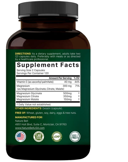 NatureBell Magnesium Complex for Women & Men 1,000mg Per Serving – 240 Capsules – Triple Magnesium Complex with Glycinate, Citrate & Malate – Chelated & Purified – Non‑GMO, Filler Free - Maple Wellness Supplements