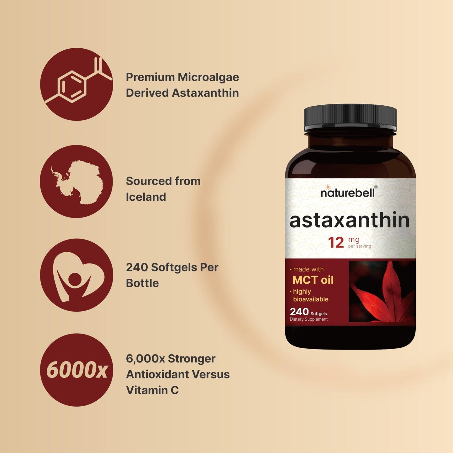 NatureBell Maximum Strength Astaxanthin 12mg, 240 Softgels - 4 Month Supply - Natural Antioxidant from Haematococcus - Maple Wellness Supplements