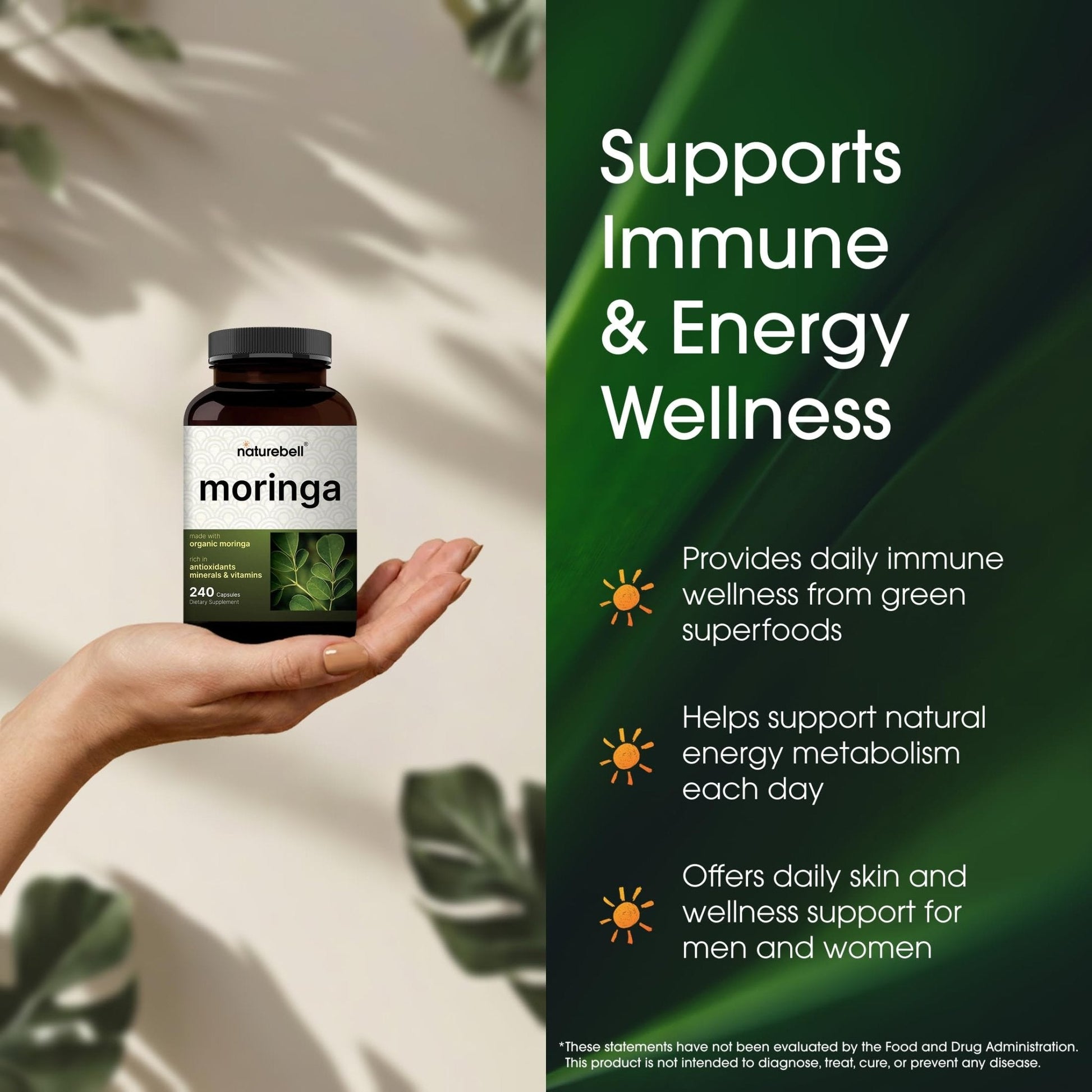 NatureBell Moringa - 240 Capsules - Organic Moringa for Immune, Energy & Skin Health Support - Green Superfood Properties - Maple Wellness Supplements