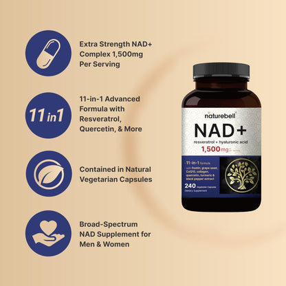 NatureBell NAD+ Complex 1,500mg Per Serving, 240 Veggie Capsules | NMN Supplement Alternative | NAD Plus Resveratrol, Hyaluronic Acid, Quercetin, Fisetin, Collagen, & More – Non-GMO - Maple Wellness Supplements